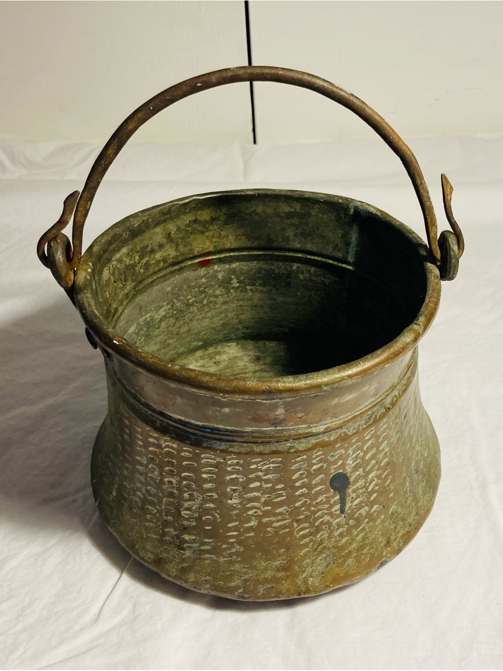 Antique Persian copper over tin bucket with iron loop handle ending at serpents